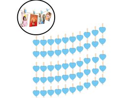 50-stuks Clips - Houten clips - Mini clips - Fotoclips - Hartvormige mini wasknijpers - Mini houten hartvormige wasknijpers - 1.5×3×0.5cm - Geschikt voor foto's, paperclips, zelfgemaakte Valentijnskaarten, tekeningen, scrapbooks, enz. - Blauw