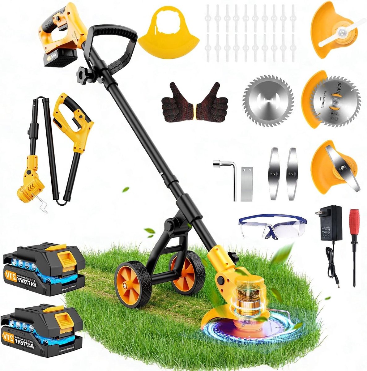 Grastrimmer met accu - Accu trimmer bosmaaier - Tuinonderhoud - Elektrische telescoopsteel - 88 x 125 cm - Geel