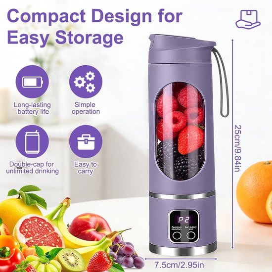 Draagbare Smoothiemixer - Mini Blender USB - Gezonde Dranken Maken - 12-Messen Systeem - 450 ml - Paars — afbeelding 3