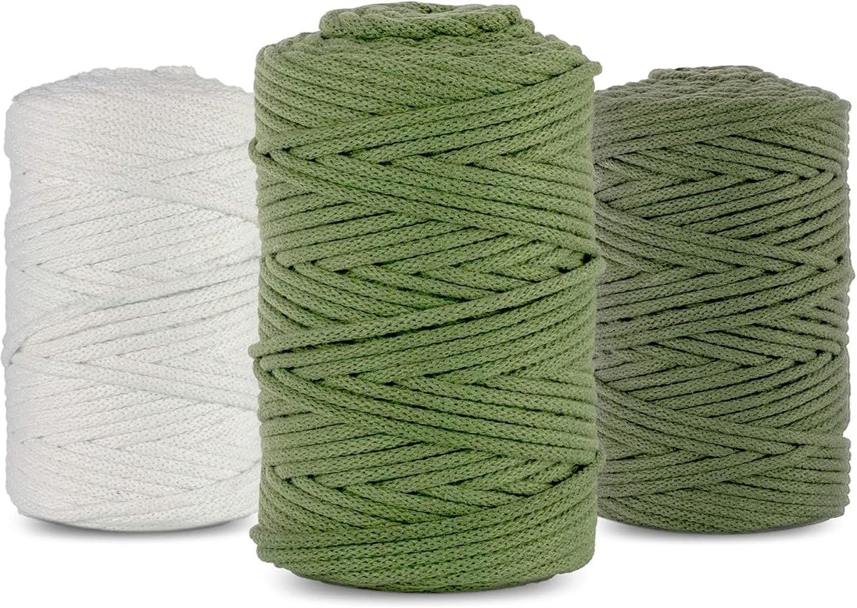 Macramégaren, 5 mm, 100 m, set van 3 katoenen garens, kaki, pistachegroen, wit, textielgaren, koord, natuurlijk katoen, garen voor macramé, zakgaren, decoratief koord, gevlochten koord,