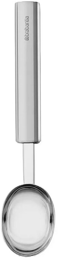 Zilverkleurige Brabantia ijsschep met een lang, plat handvat en een ovale schep.