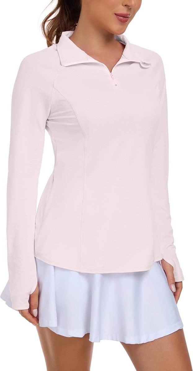 Hardloopshirt voor dames, lange mouwen, losse pasvorm, sportjack, functioneel shirt, sportshirt, uv-beschermingsshirt UPF 50+, UV 1/4 ritssluiting met duimgaten en verborgen zak rechts