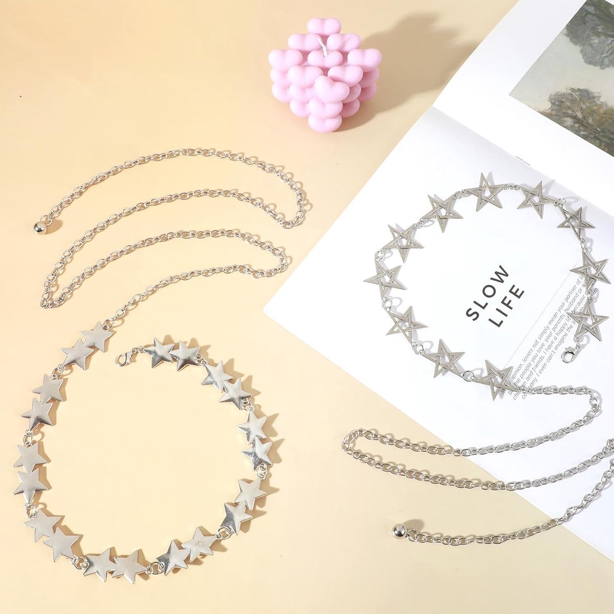 2 stuks sterren riemketting, sterren broekketting, verstelbare kettingriem sterren, Y2K accessoires, tailleketting, broekketting meisjes voor heupjeans, jurken, festival outfits en rave