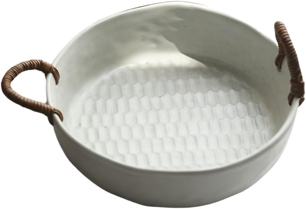 Fruitschaal Keramische fruitschaal met rotan handgrepen, honingraatstructuur, decoratieve serveerschaal for in de keuken en eetkamer(Wit,Groot)