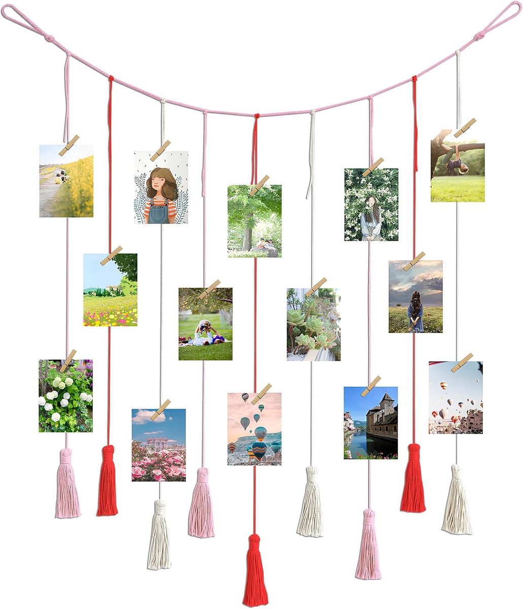 Fototouw met houten klemmen, doe-het-zelf creatieve fotoophanging, doe-het-zelf fotolijst, wanddecoratie, 100 cm, houten kralen, fotolijn met houten klemmen, fotogordijn om op te hangen, met 20 clips