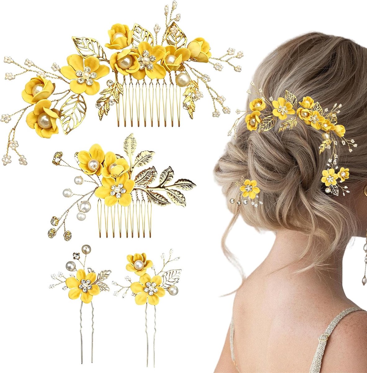 4-delige Gele Bruidshaarkam Set met Decoratieve Bloemen Haarspelden, Elegante Bruiloft Haaraccessoires voor Dames, Haarversiering voor Bruiden en Bruidsmeisjes