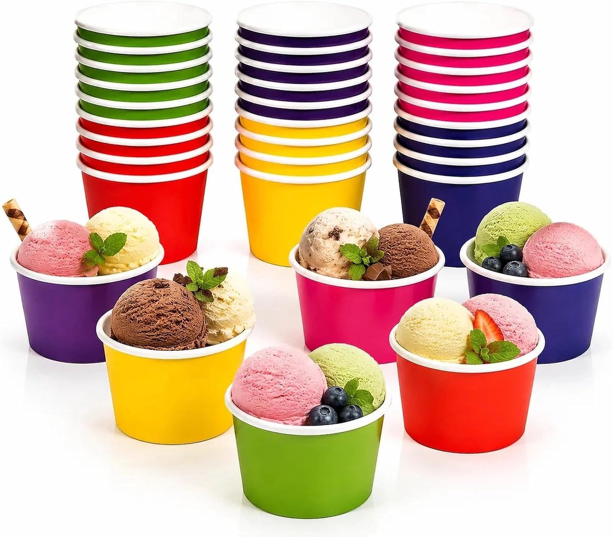 ijsschaal, versterkte papieren beker, taartbeker, dessertbeker, 180 ml met 9,5 cm papieren lepel (6 patronen in heldere kleuren, 10 van elk + 60 papieren lepels)