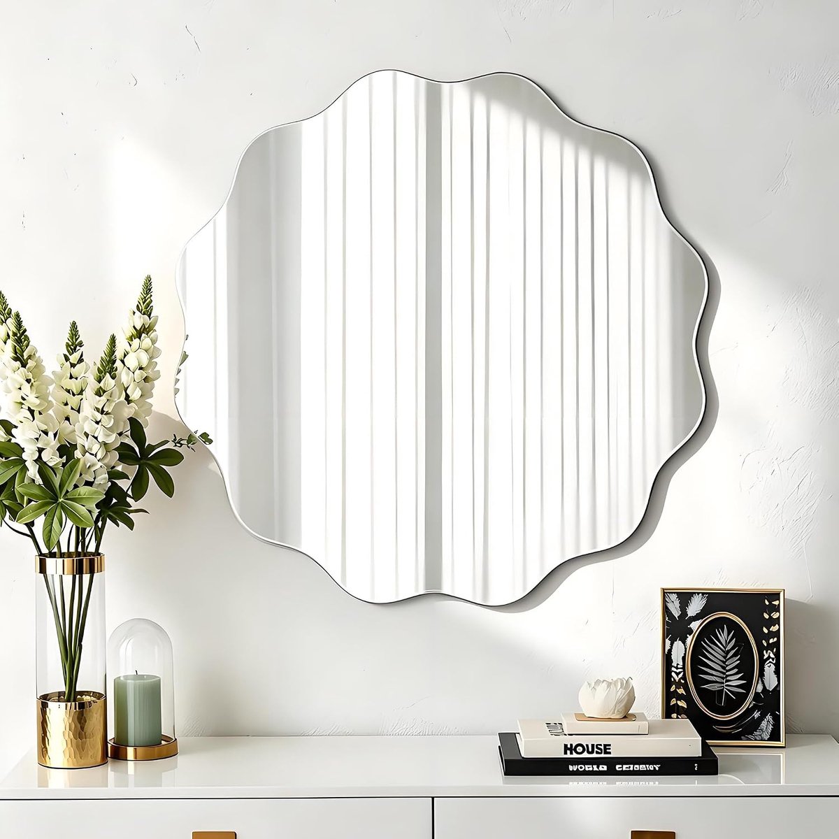 ronde wandspiegel, golvend, 50 cm, kan worden opgehangen of neergezet, onbreekbaar, zonder frame, HD-glas, voor badkamer, woonkamer, entree, hal, make-up