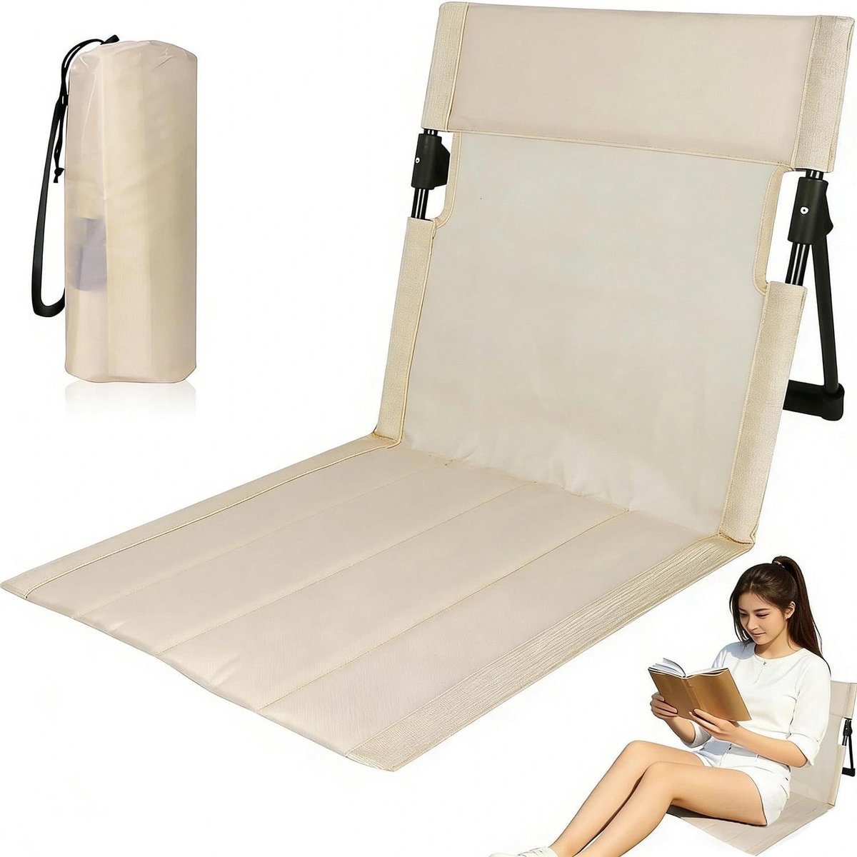 Strandmat met rugleuning, strandstoel, opvouwbaar, licht, strandstoel, opvouwbaar, met draagtas, stof voor strand, camping, tuin (crèmekleur), 1 stuk