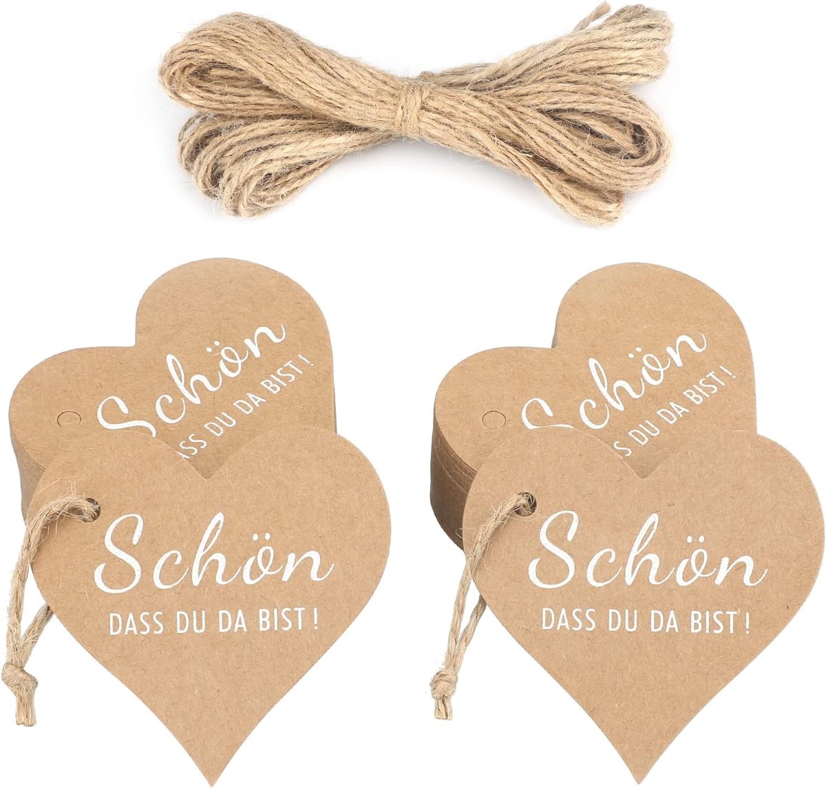 Geschenkhanger met hartvormige hanger 'Schön dass Du Da bist', van kraftpapier, 100 stuks tags en 20 meter jute touw, voor bruiloft, geschenken, knutselen (bruin met wit letter)