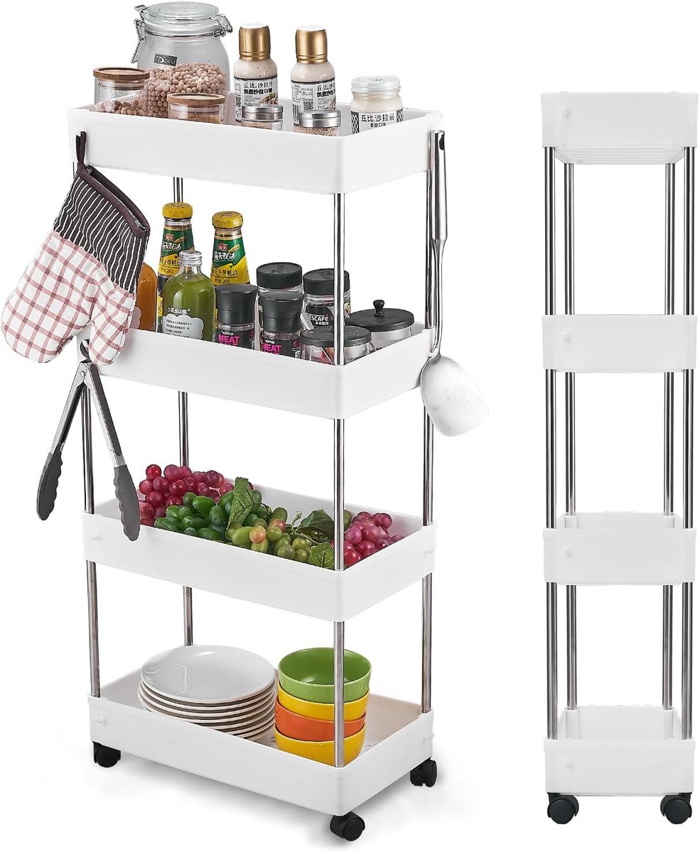 Keukenwagen met 4 niveaus, keukenrek, nisrek op wielen, rolwagen, nissenrek 22 cm breed, opbergrek voor keuken, kantoor, badkamer, waskeuken, kunststof 40 x 22 x 86 cm (wit)