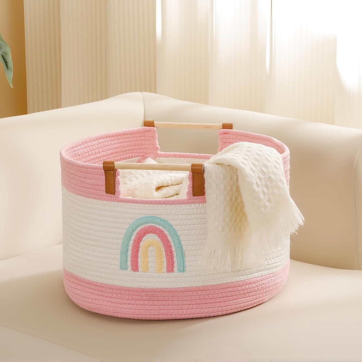 dekenmand, 35 l, katoenen touwmand met houten handgrepen, geweven manden voor kinderen, opberg voor speelgoed, opslag voor kinderkamer, wasmand kleding, babymand, jongens, geschenkmanden leeg