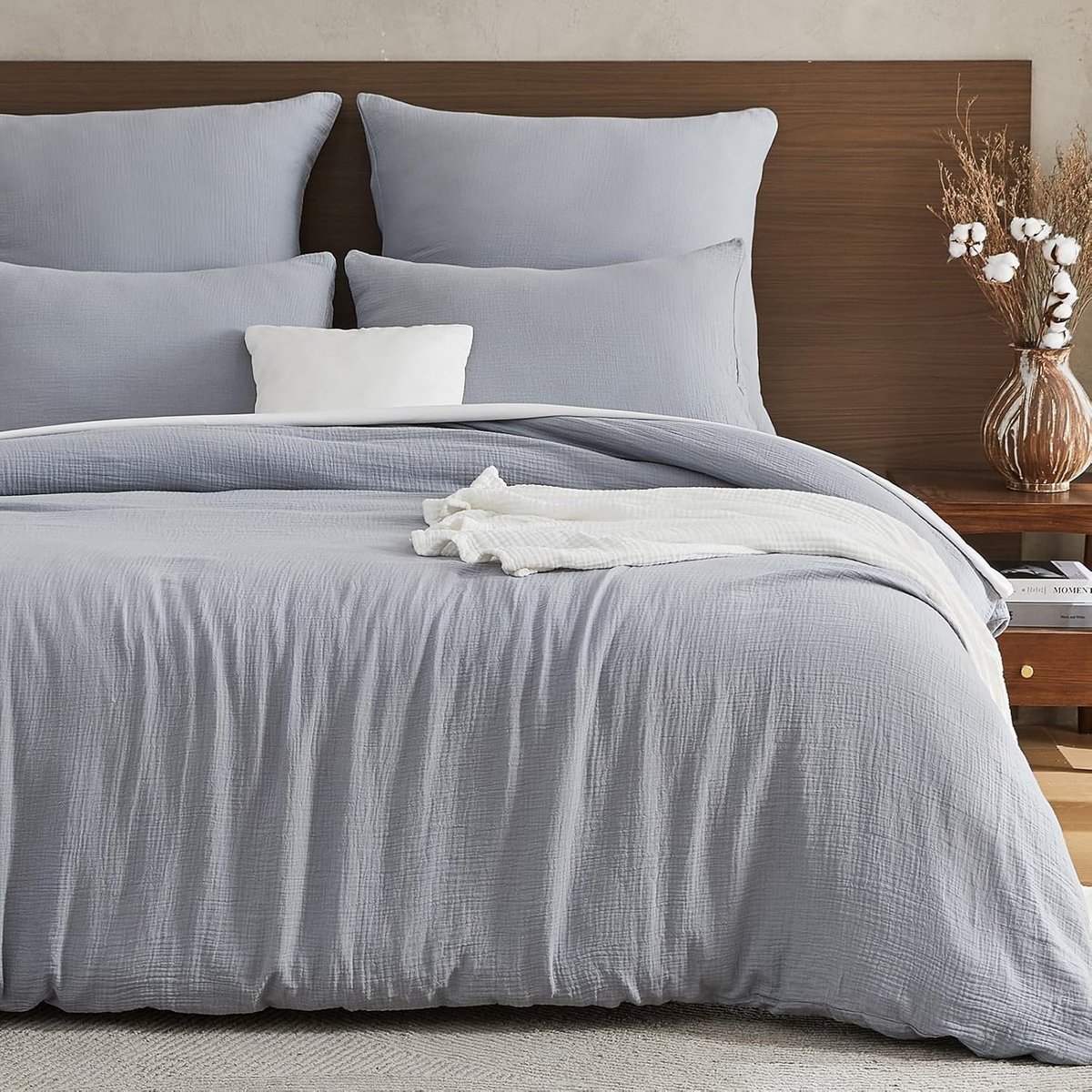 Musselin Beddengoed, 100% katoen, 220 x 240 cm, dubbel zomerbeddengoed sets met ritssluiting, 1-delige set dekbedovertrek met 2 kussenslopen van 80 x 80 cm, mousseline sprei, ÖKO-TEX, lichtgrijs
