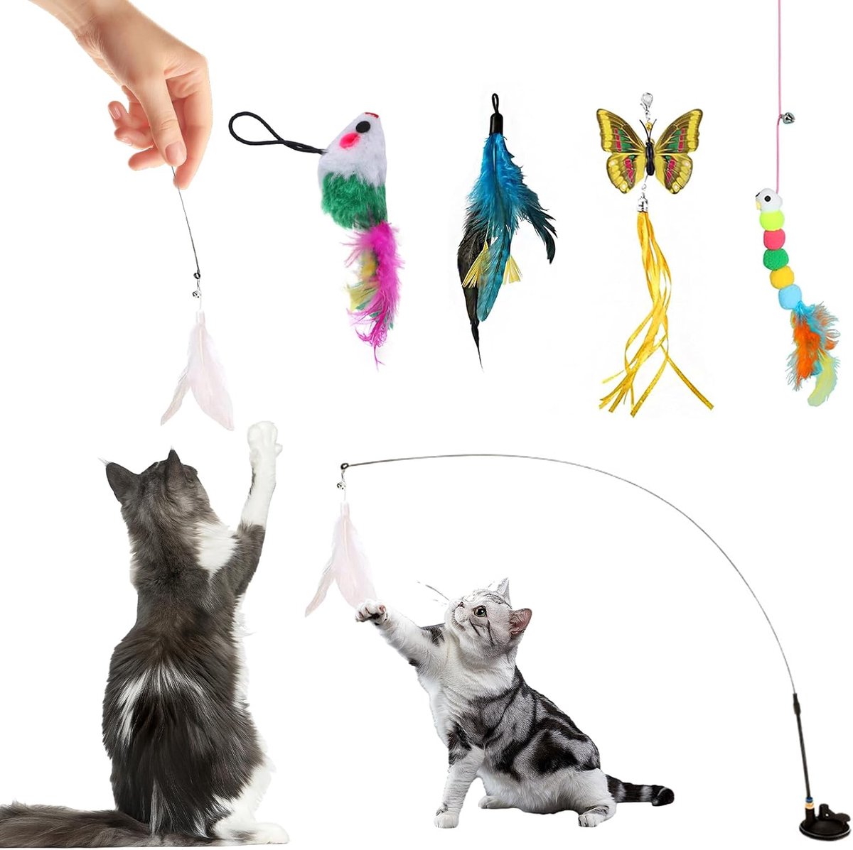 Kattenspeelgoed met zuignap en veren, 5-delige interactieve kattenhengelset met belletjes, flexibele speelhengel voor huiskatten, activiteitsspeelgoed voor katten en kittens