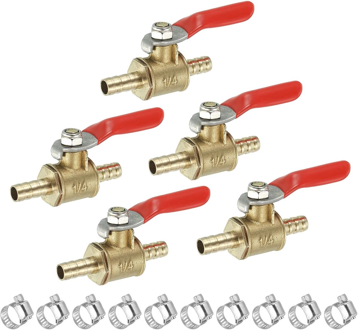 1/4" Mini kogelventiel messing afsluiter ventiel schakelaar buis verbindingsstukken met klem 90 afsluitingen rode werking messing handvat ventiel 5 sets