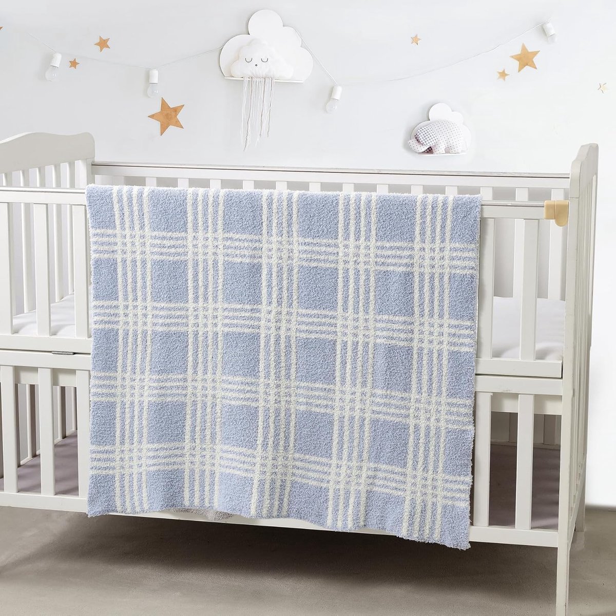 2 stuks 75 x 100 cm, knuffelzachte warme babydeken voor zuigelingen en peuters, kinderbed, kinderwagen, grijze wolk + blauwe lijnen gebreid patroon