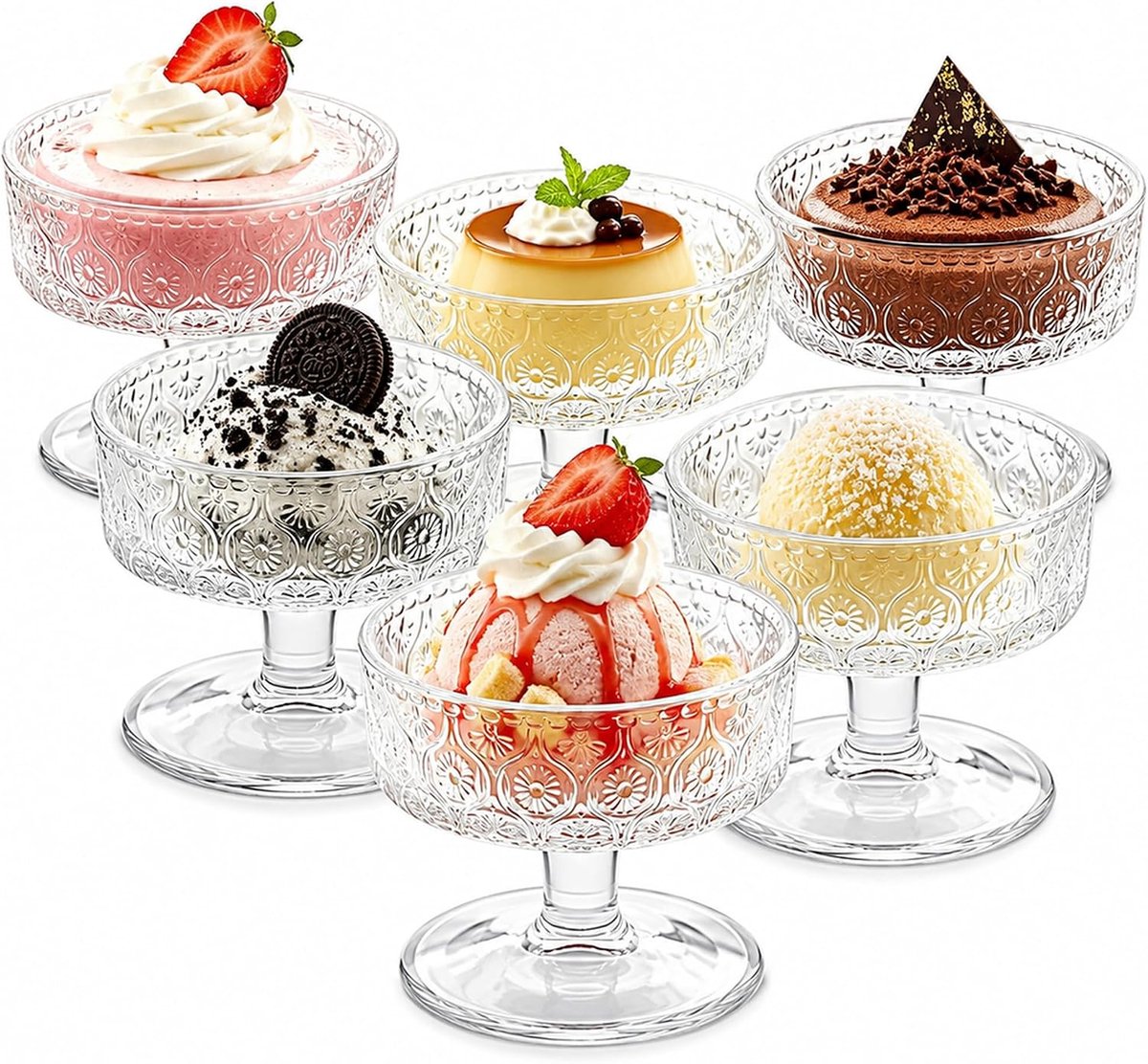 Dessertglazen, set van 6, 350 ml, glazen cocktailglazen met steel vintage, glazen met patroon, ijsbekers voor dessert, champagnefluiten en glazen met lange steel