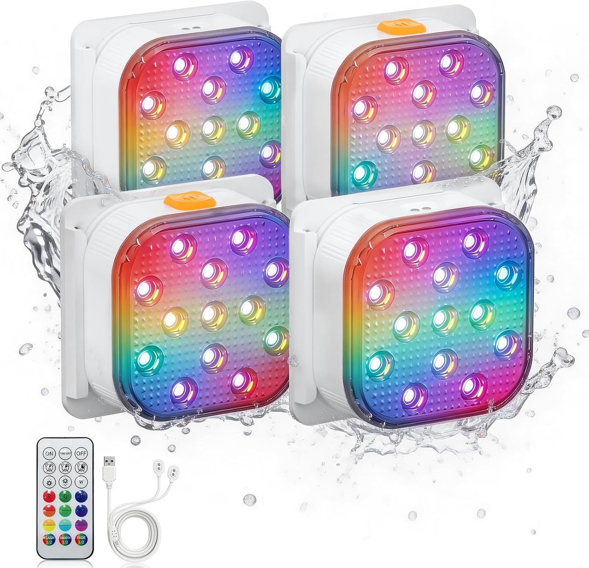 Onderwaterverlichting voor zwembad, 4 stuks, led-zwembadlamp, magnetisch, oplaadbaar, waterdicht, afstandsbediening, 16 kleuren, 6 modi, RGB, spot, zwembaddecoratie voor zwembad, spa, bad