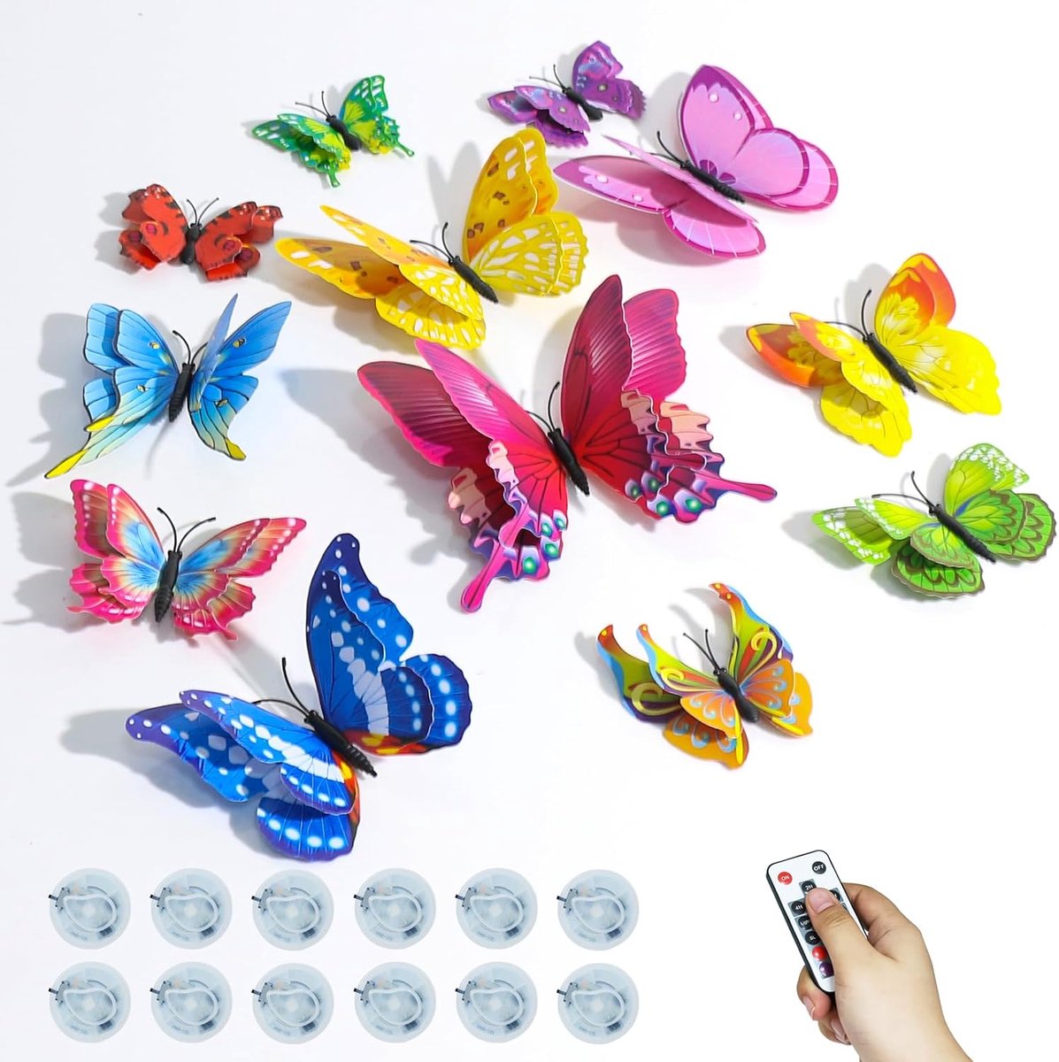 Vlinderstickers, 36-delige 3D-vlinder-wanddecoratie set met 12 RGB led-theelichtjes met afstandsbediening en timer, werkt op batterijen, voor slaapkamer, feest, kamer, lentedecoratie