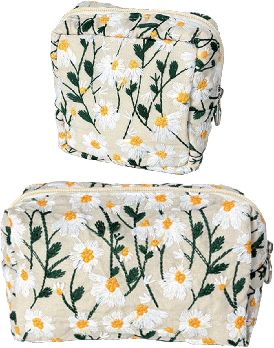 Cosmeticatas met 2 stuks borduurwerk bloemen make-up tas cosmeticatas meisjes toilettas stoffen tas madeliefjespatroon draagbare make-up tas organizer voor dagelijks gebruik en camping reizen