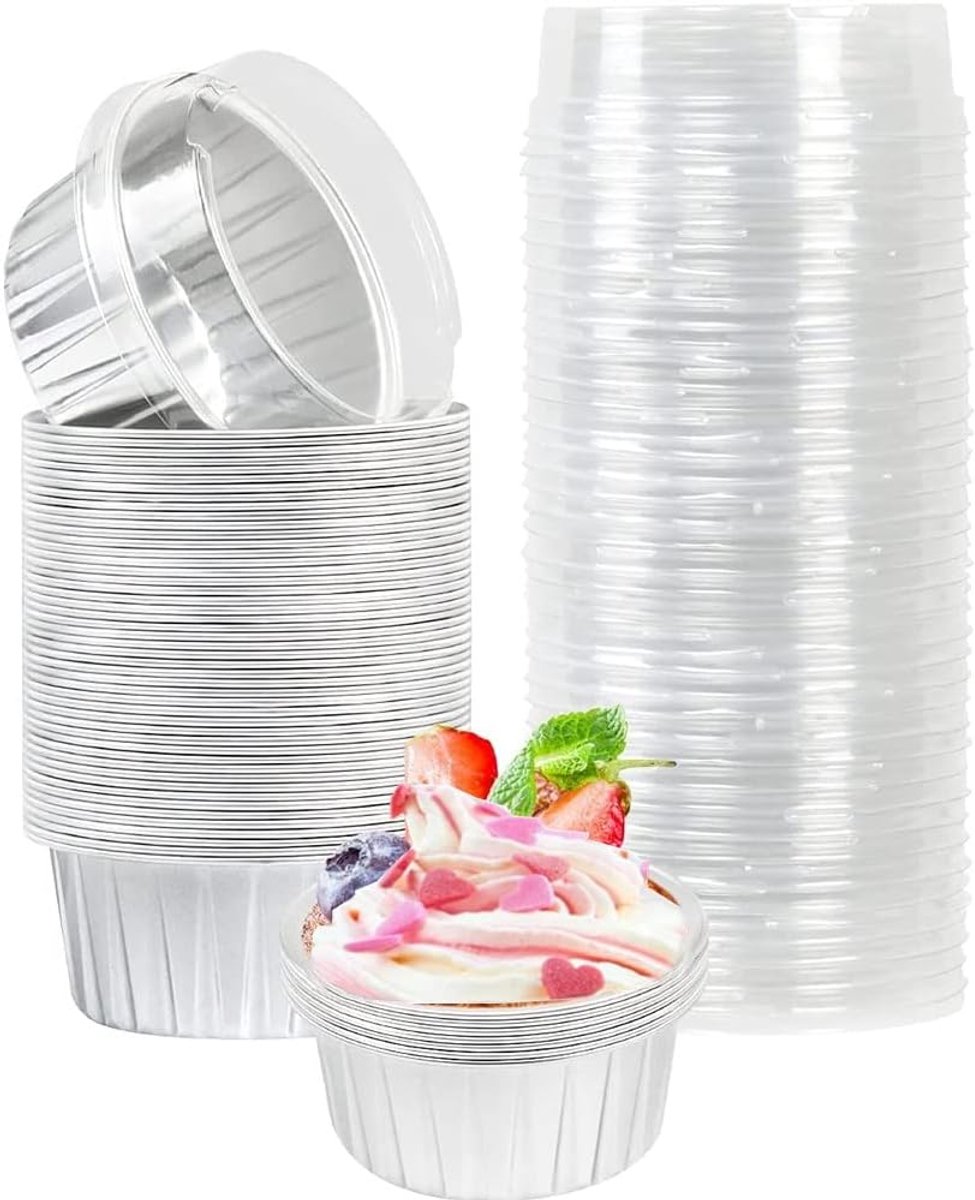 SnelShoppen - Cupcake Bakvormen met Deksels, 50 Stuks 5oz 125ml Muffin Bakpapiertjes, Wegwerp Folie Bakvormen, Aluminium Folie Crème Brûlée Cupcake Ho