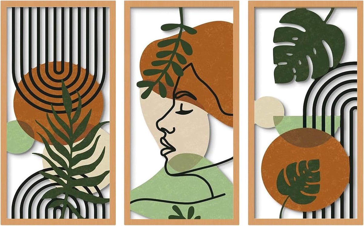 Muursculpturen Houten Decoratie, Boho Chic Wanddecoratie met Tropische Palmbladeren, Moderne Geometrische Muurkunst voor Woonkamer/Slaapkamer/Gang/Kantoor (Geometrische 5)