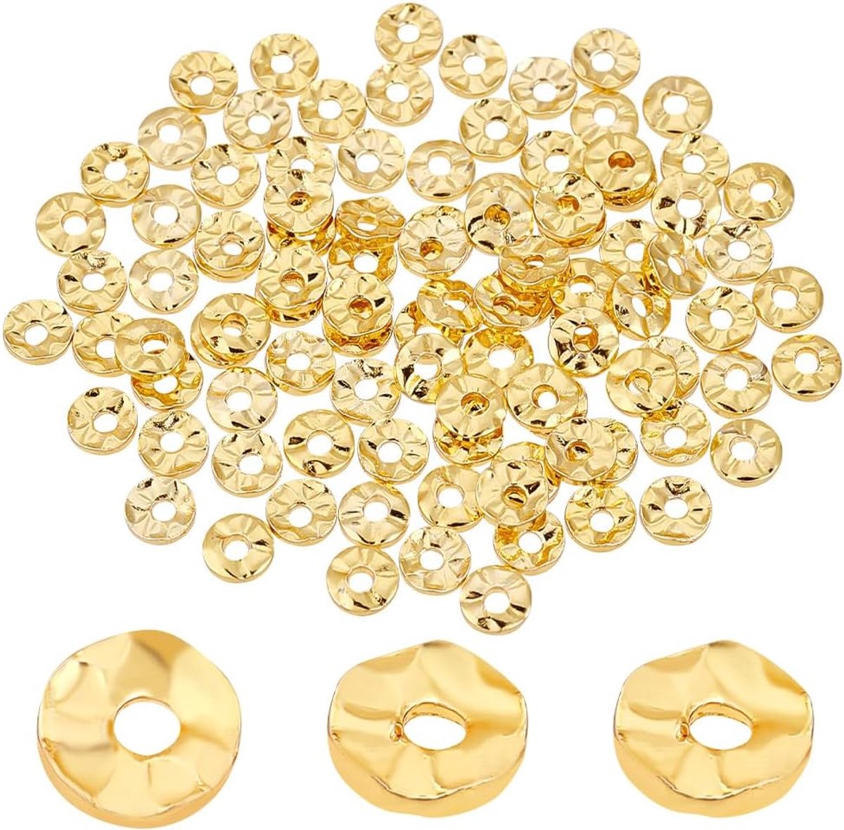PandaHall 100 stuks 18 K vergulde afstandskralen, platte ronde kralen, losse 4 mm, gegolfde schijf, messing kralen, metalen kralen voor het maken van zomersieraden, armband, 1,2 mm gat