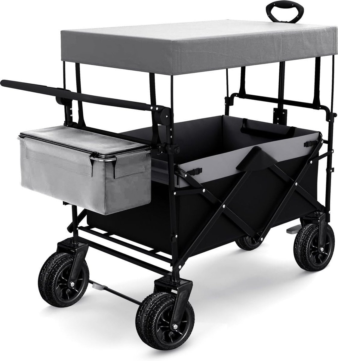 Bolderkar met Dak – Opvouwbare Strand Bolderkar met Grote Wielen – Transportkar voor Strand, Camping & Tuin – Sterk Stalen Frame – Opvouwbare Wagon met Verstelbare Trekstang en Zonbescherming