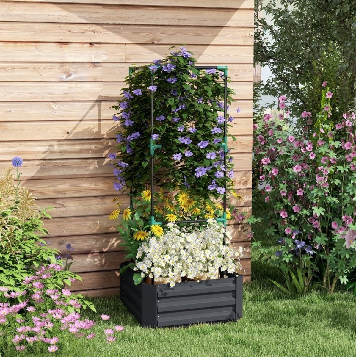 REDOM - Verhoogde plantenbak met rankgitter - Open bodem - Verstelbare klimhulp - Voor buiten - Verzinkt staal - Donkergrijs - 61 x 61 x 140 cm