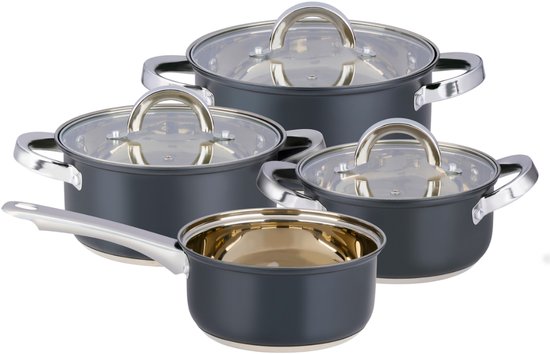 Service de 4 casseroles noires alpina avec couvercles en verre et poignées en acier inoxydable.
