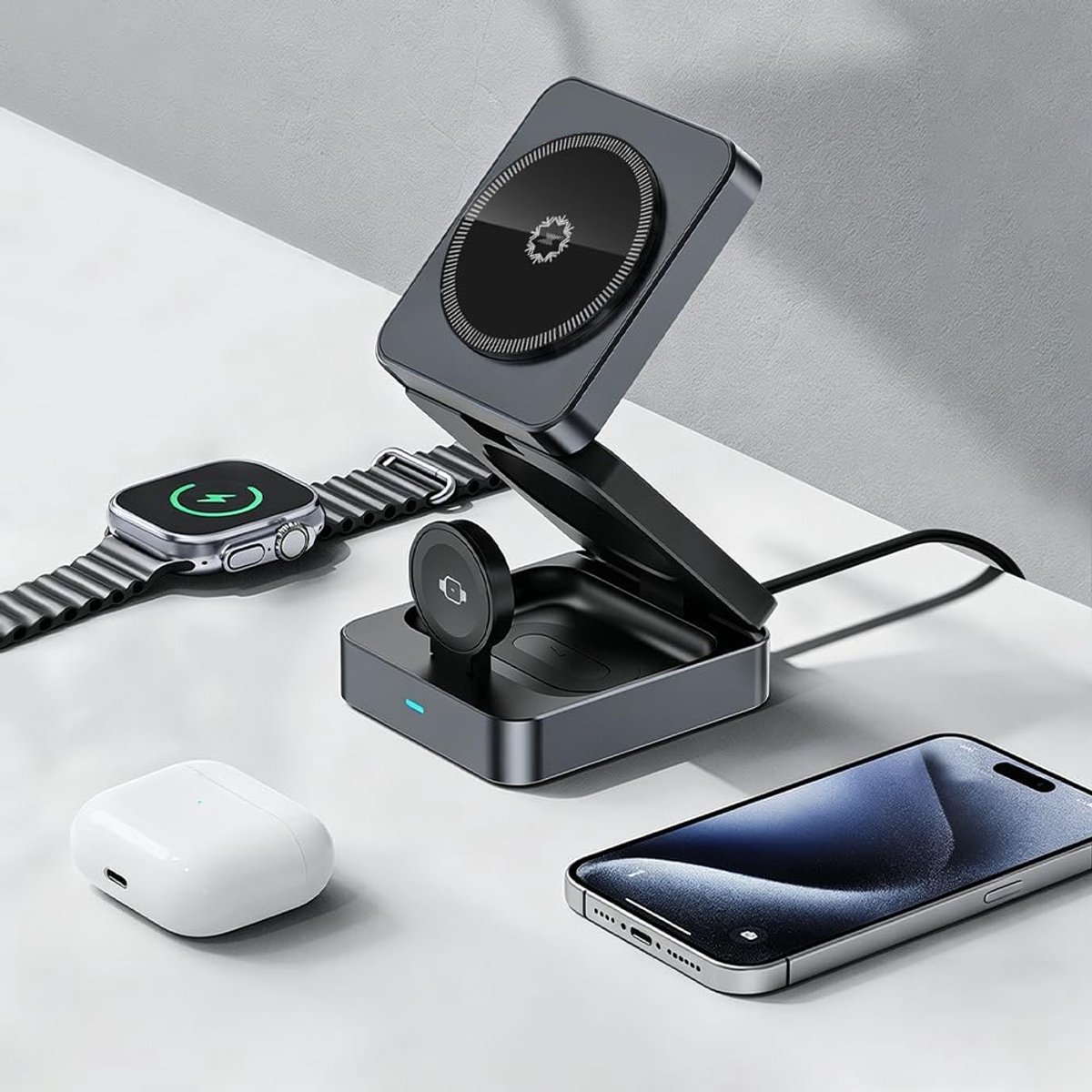 3-in-1 Opvouwbaar Draadloos Oplaadstation 15W, Magnetische Oplader van Aluminiumlegering, Geschikt voor iPhone 17, 16, 15, 14 en 13, AirPods Pro 3 en 2 en Apple Watch