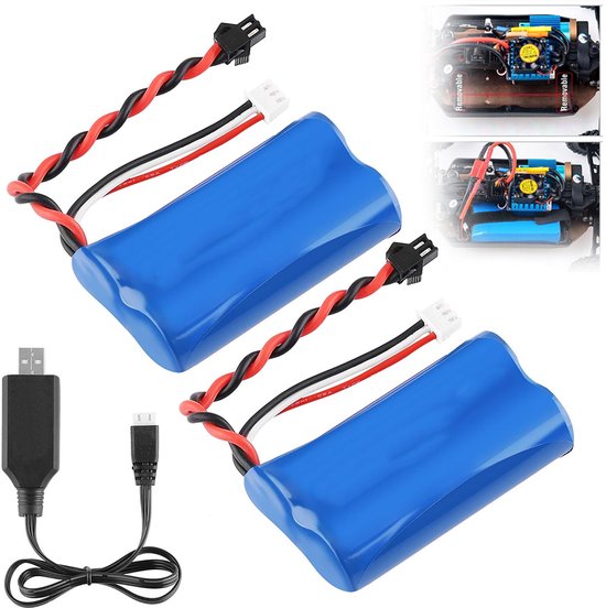 Twee blauwe 7,4V lithium-ion batterijen met USB-oplader en detailopnames van RC-auto-onderdelen.