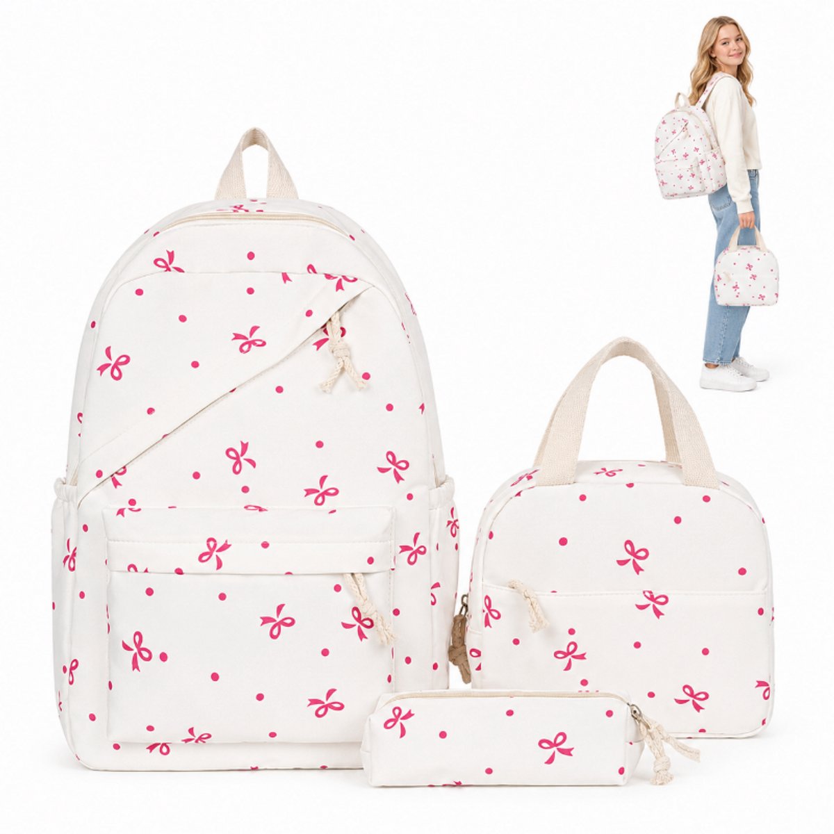 Bobypet - Meisjes School Rugzak Set - 3-Delige Set met Lunchtas en Etui - Strikje Rugzak voor Laptop 15.6 Inch - Waterdichte Boekentas voor Meisjes en Tieners - Wit roze