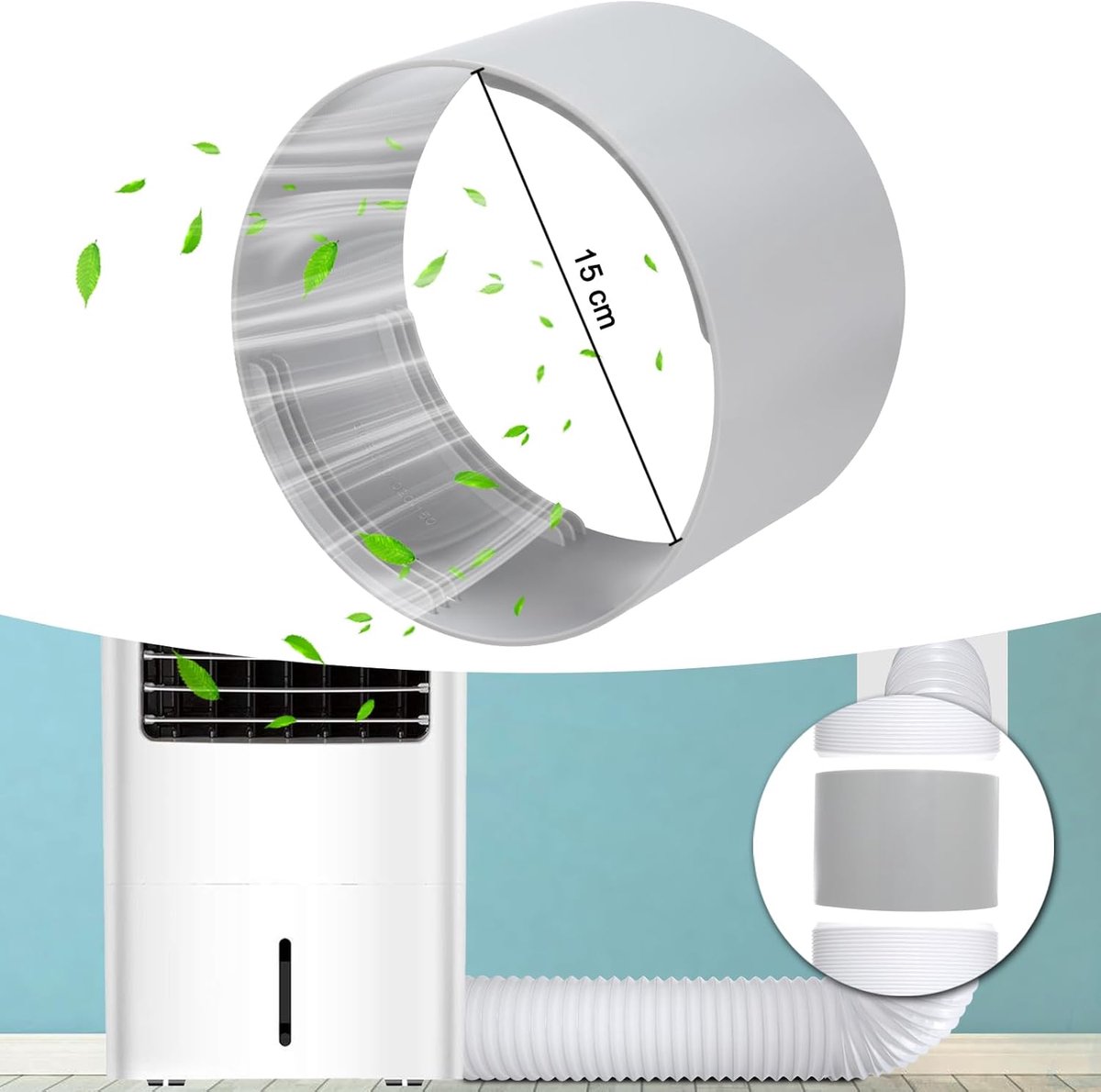 Afvoerslang mobiele airco - uitschuifbare ventilatieslang voor warme lucht - diameter 15 cm - grijs kunststof met stalen spiraal
