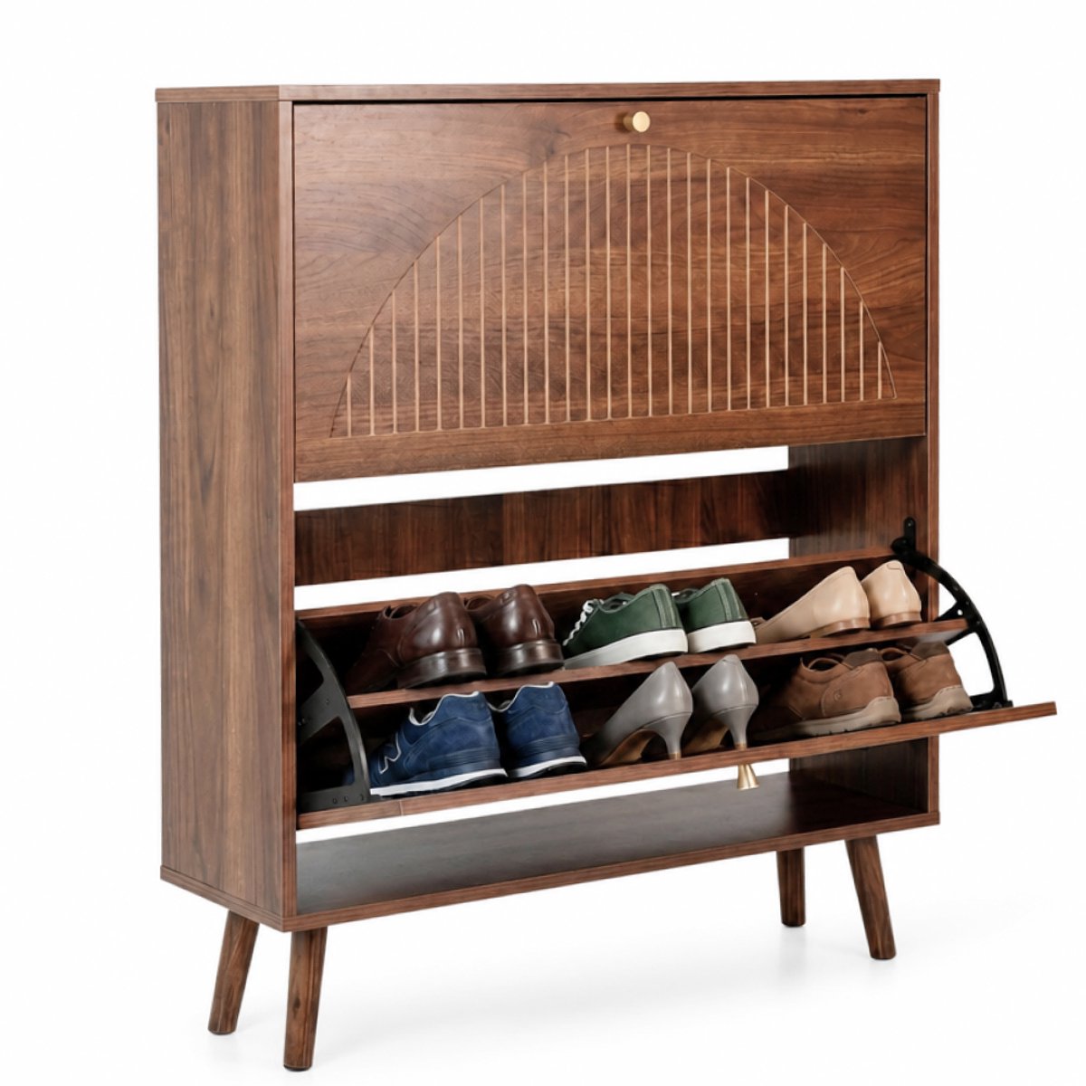 CASABEL Moderne Schoenenkast 2 Kleppen, 16 Paar, Retro Stijl, Houten Opberger, Donker Hout