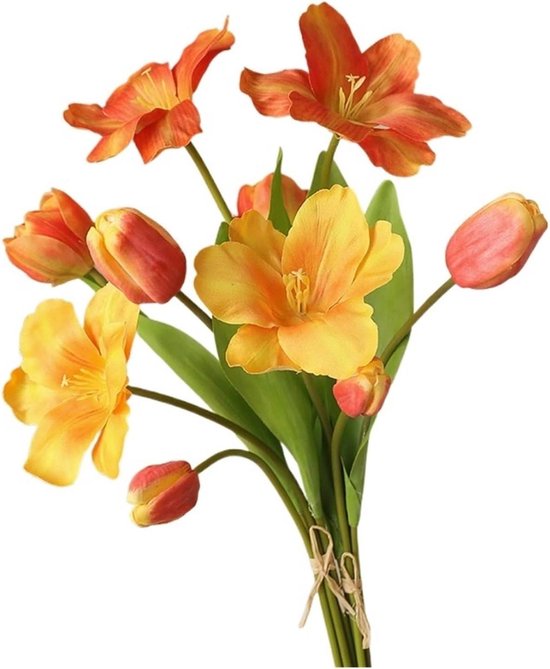 Kunstbloemen boeket - Zijden tulpen - Huisdecoratie - Omgedraaide bloemen - 40 cm lengte - Oranje