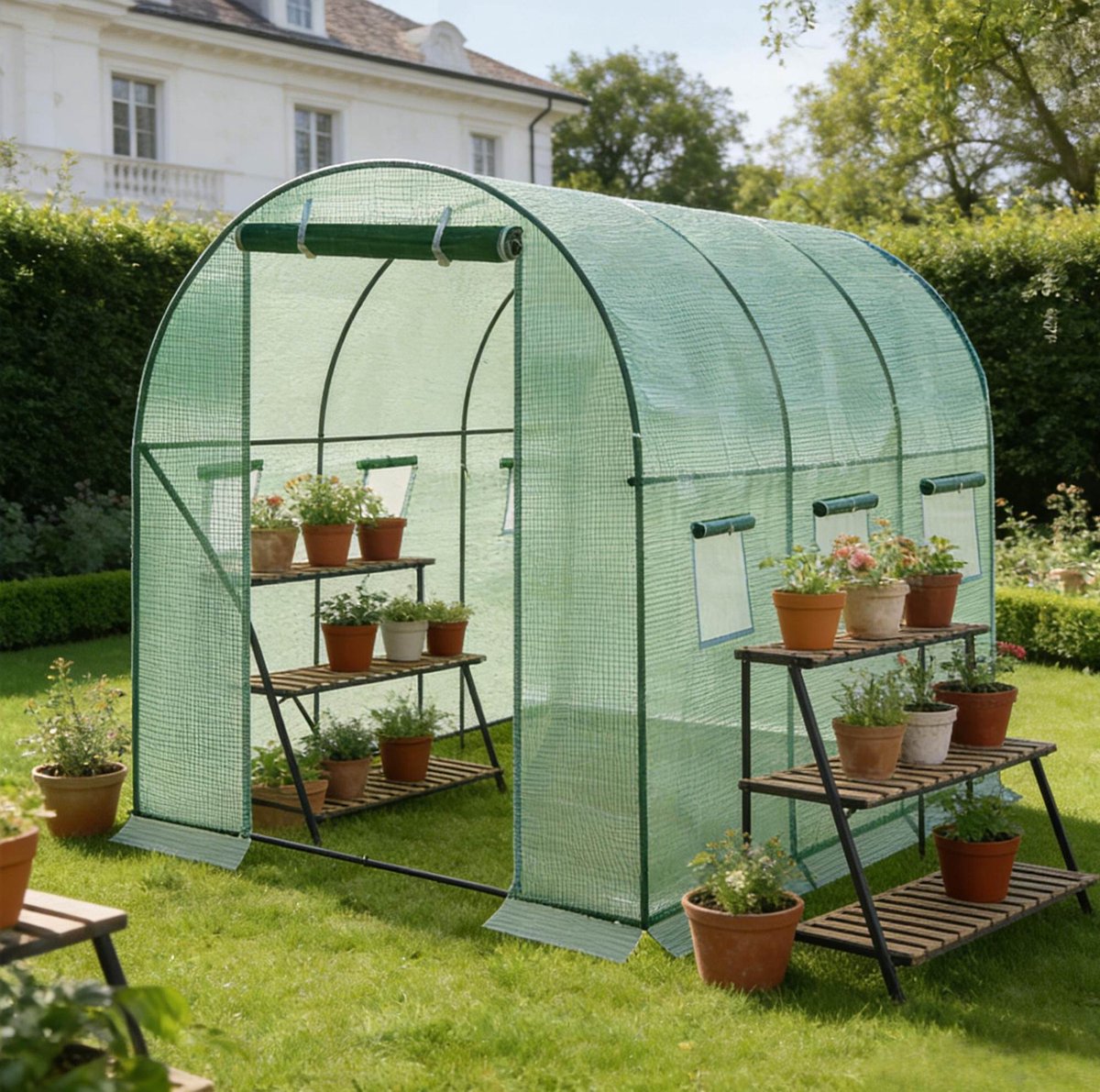 MIVRAY Kweektunnel - 300 x 200 x 190 cm - Stalen Frame met PE Mesh - Groen - Met Ritsdeur en 6 Ramen voor Tuin en Groenteteelt