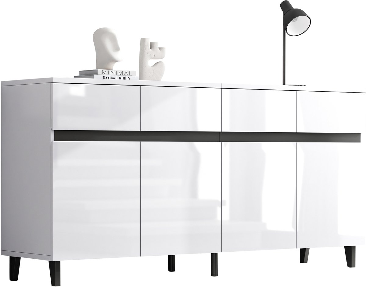 COVREO Sideboard 160x40x68 cm wit - 4 laden en 2 deuren - met verstelbare planken - hoogglans afwerking - opbergkast voor woonkamer of hal