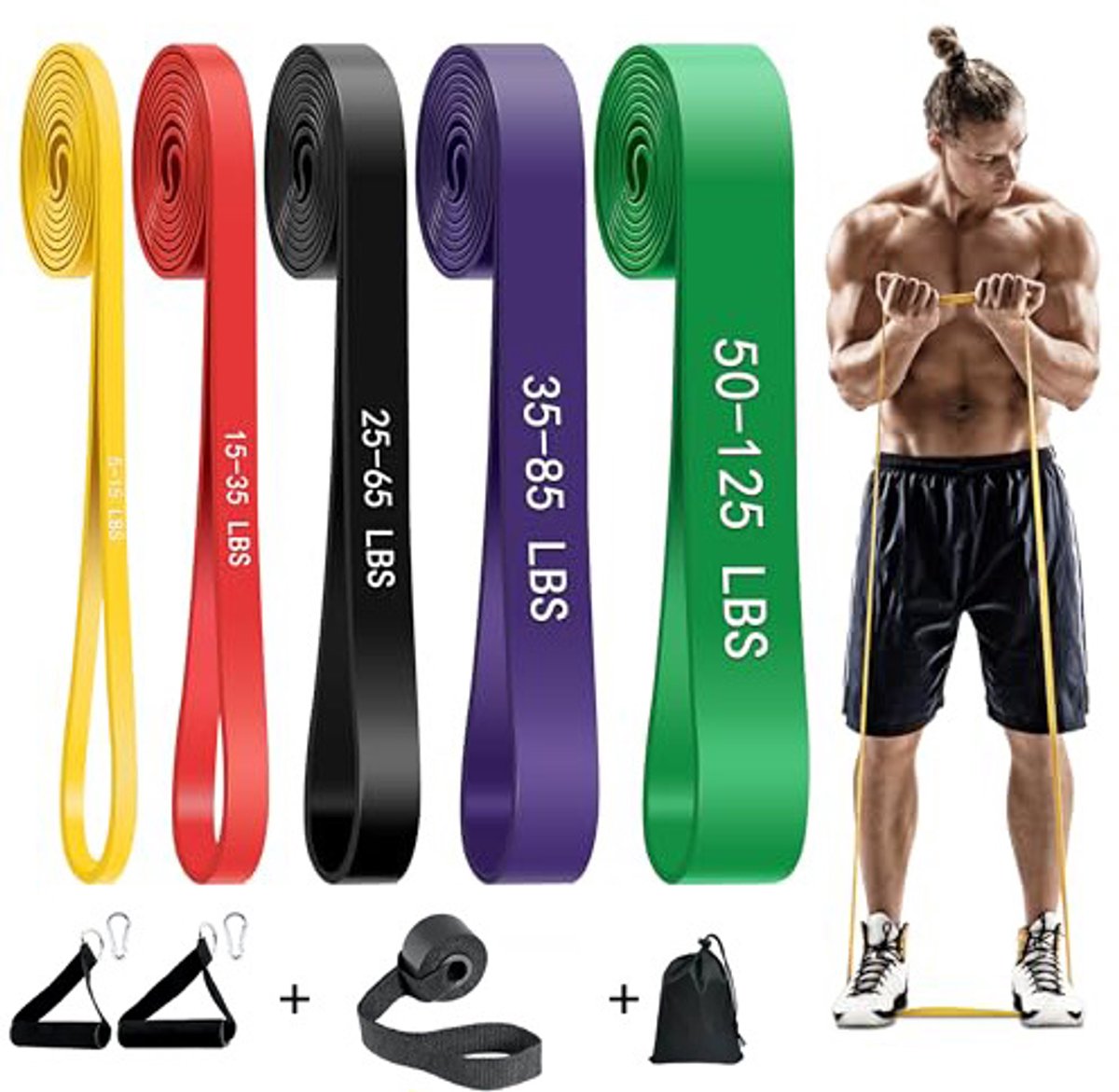 Deze set met weerstandsbanden bevat 5 weerstandsniveaus, een fitnessband, een deuranker, handvatten en een opbergtas, en is geschikt voor stretching, yoga, pilates en full-body workouts.