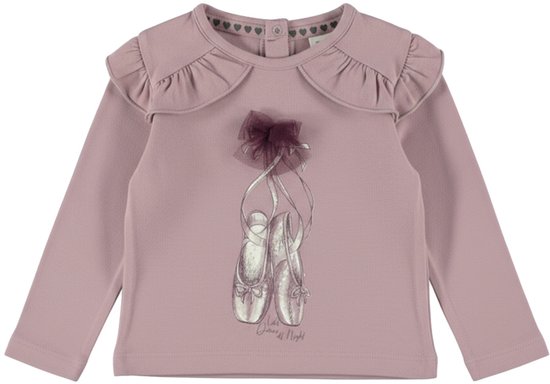 Roze T-shirt met lange mouwen, ruches bij de kraag en strik, met ballerina's opdruk.