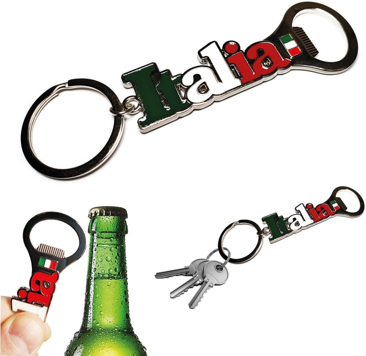 SnelShoppen - Sleutelhanger Flessenopener met Italiaanse Vlag - Roestvrijstalen Accessoire voor Mannen en Vrouwen - Perfect Cadeau voor Feest, Camping