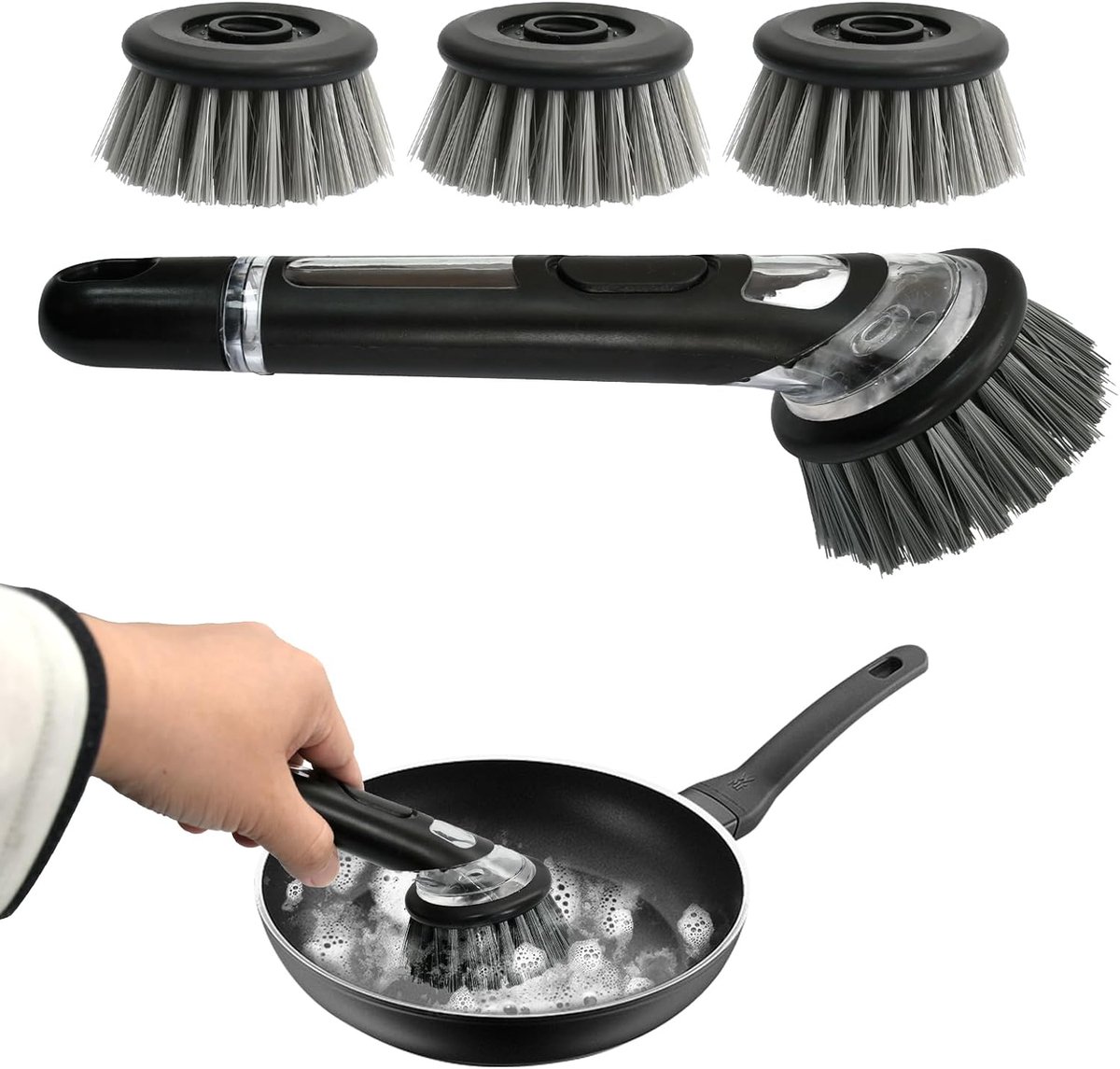 SnelShoppen - Afwasborstel met Dispenser en 3 Vervangende Heads, Stevige Haren voor Grondige Vlekverwijdering, Keukenborstel met Zachte Grip, Grijs