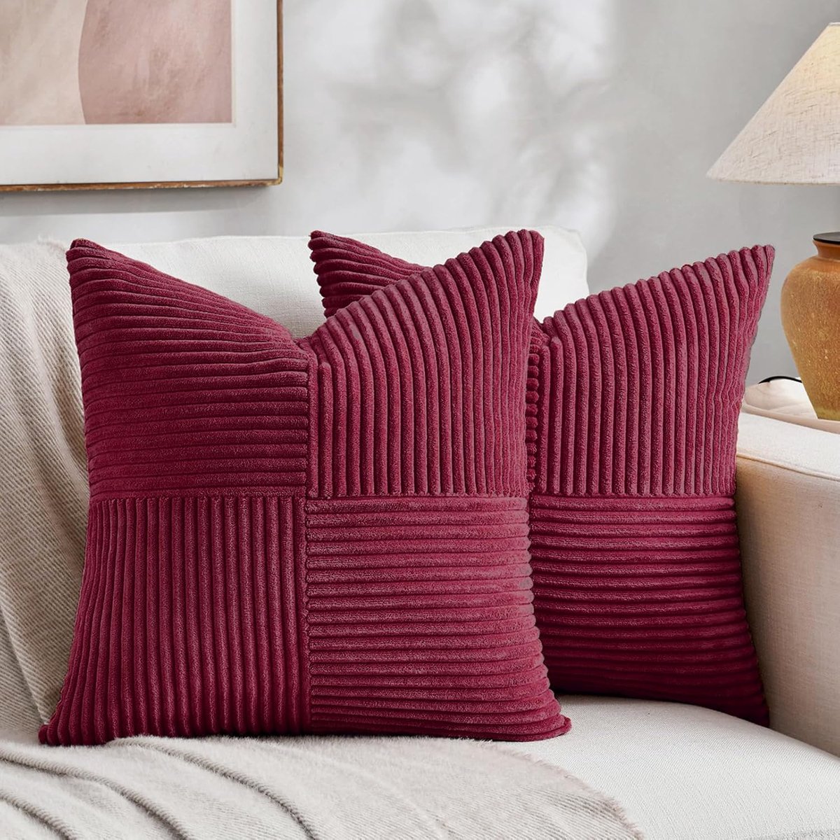 SnelShoppen - Set van 2 Kussenslopen 70x70 cm, Wijnrood Corduroy, Zachte Moderne Decoratieve Kussenslopen voor Sofa, Boho Stijl, Slaapkamer en Woonkam