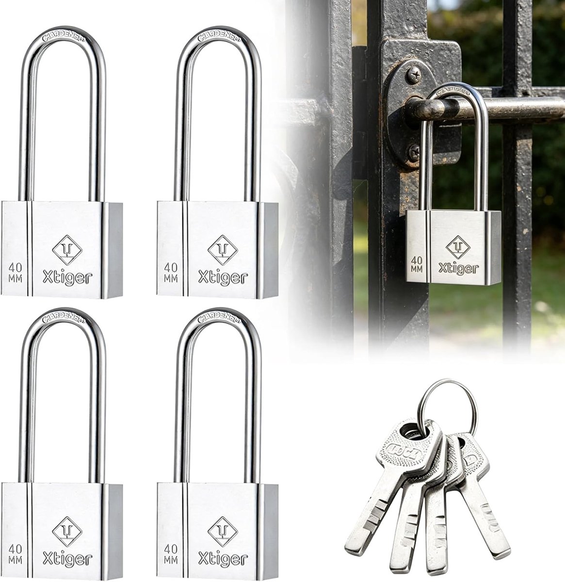 SnelShoppen - 4 Stuks Zware Hangslot Waterdicht met Sleutel, Lange Hals, Roestvrij Staal, Ideaal voor Buiten en Tuinpoort, Veiligheidsslot voor Diefst