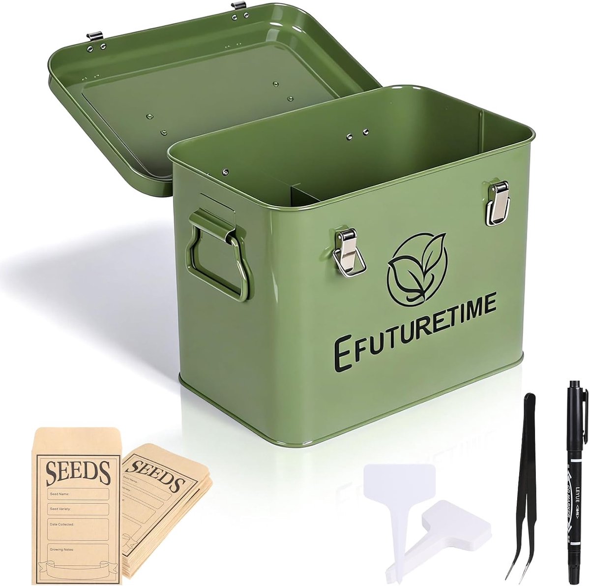 SnelShoppen - Tuin Zaden Opbergdoos Metaal 20.5 x 13.5 x 16 cm met Deksel, 3 Compartimenten, Rvs, Inclusief Plant Labels, Zaad Enveloppen, Tuinaccesso