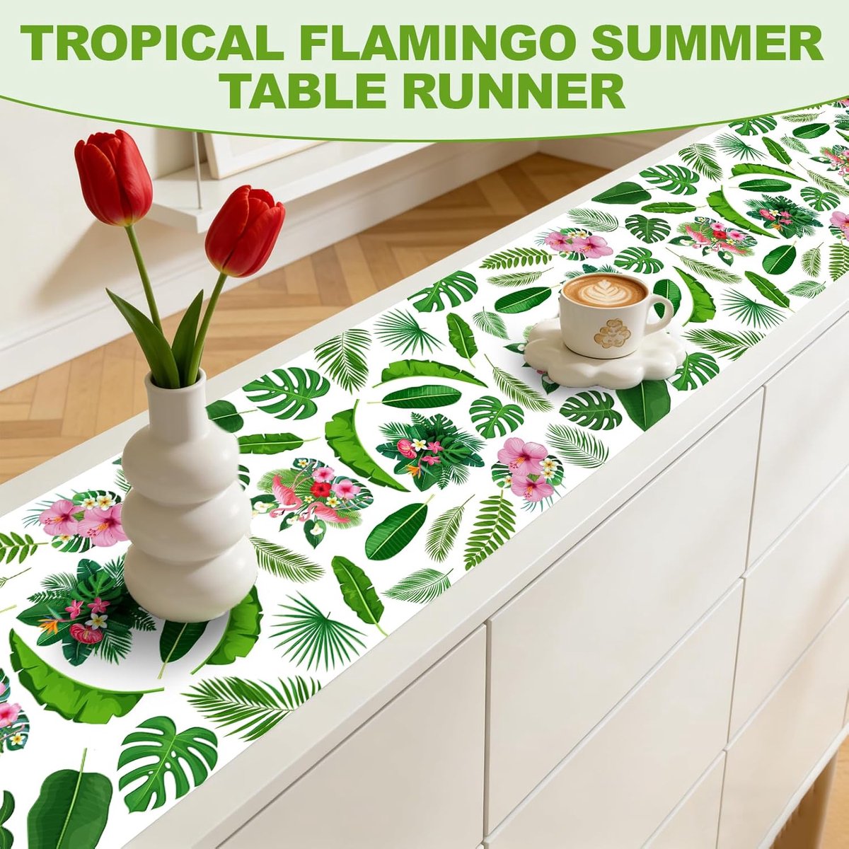 SnelShoppen - Summer Table Runner - Tropische Tafelkleed - Wit met Groen en Roze Accenten - Perfect voor Zomerfeesten, Hawaiiaanse Bijeenkomsten, Stra