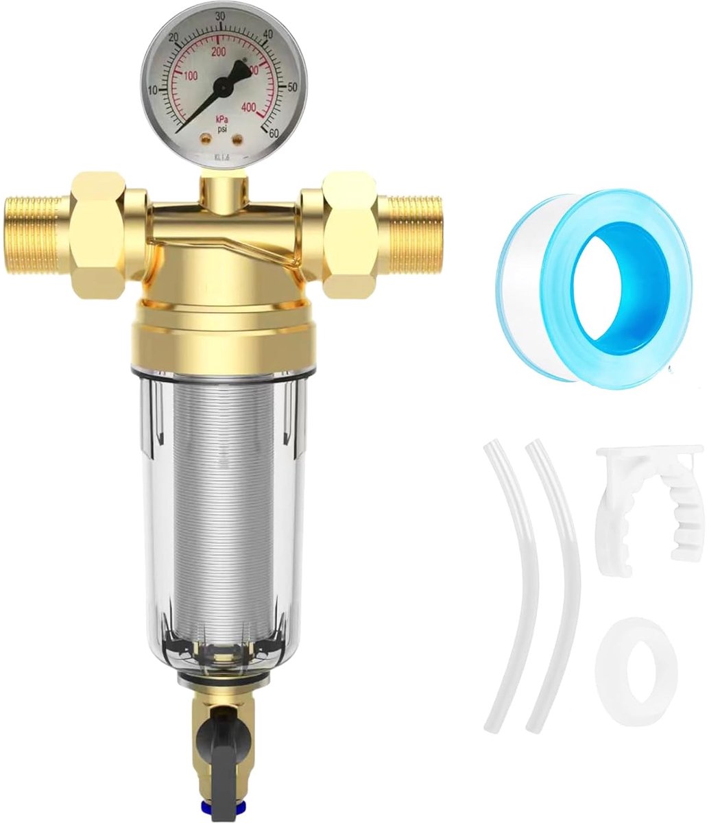 SnelShoppen - Washable Sediment Filter 40 μm met Messing Water Pre-Filter, Rinsbaar, 1 Inch 6 Punten, 6T/H Doorstroomcapaciteit, Vorstbescherming, Ide