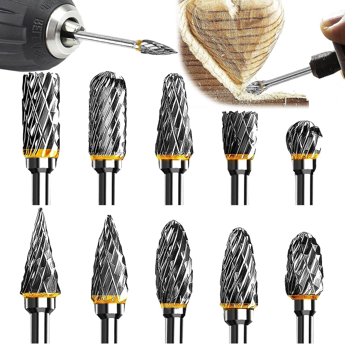 SnelShoppen - 10Pcs Die Grinders Set met 3mm Shank en 6mm Grinding Head, Dubbel Geslepen Carbide Rotary Burrs voor Carving, Engraving en Metaal Polish