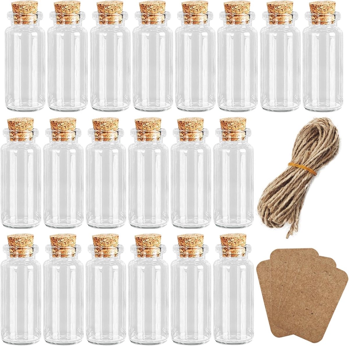 SnelShoppen - Pack van 20 Mini Corks 10 ml met 30 Labels en 30 Touwtjes - Glazen Flesjes voor Huwelijk, Feestdecoratie, Creatief Knutselen en Wish Bot