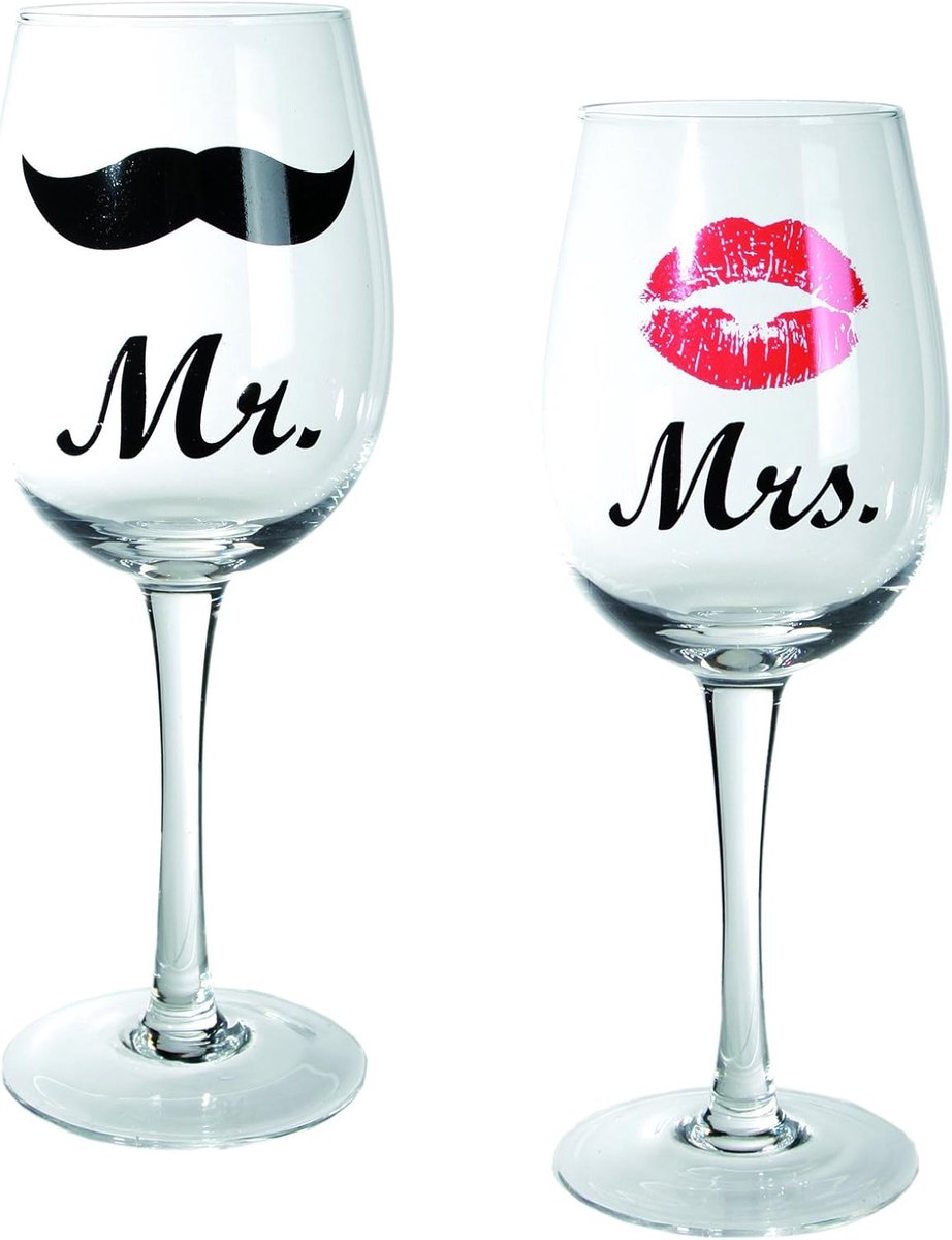 SnelShoppen - Set van 2 Kleurloze Wijnglazen met Kussende Monden en Snorren Decor | 430 ml | Hoogte 22.5 cm | Ideaal voor Feestjes en Koppels